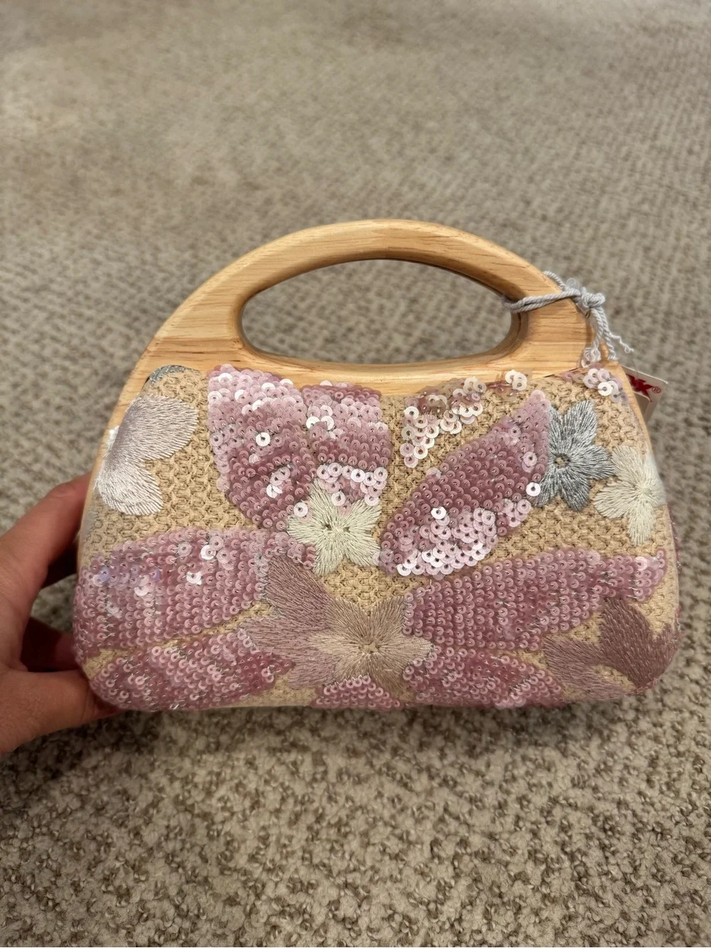NEW Haute Hippie Pink Sequin Floral Wood-Handle Crossbody Bag Purse